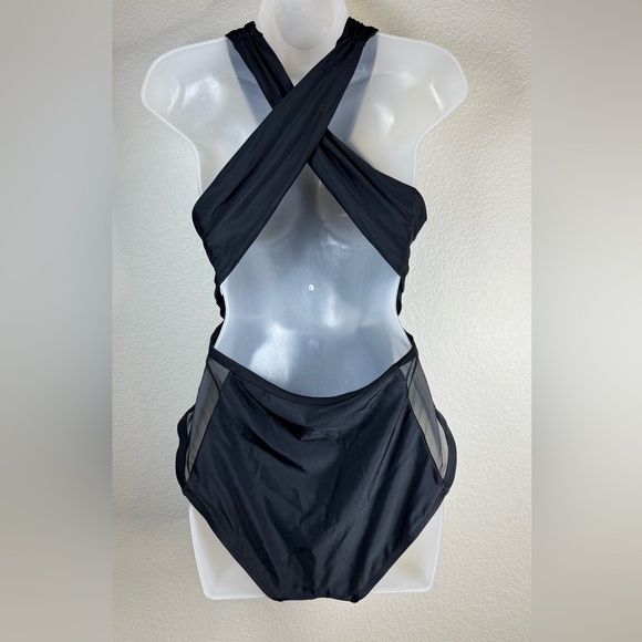Swimsuits For All Black‎ Halter One Piece Ruched Mesh Side Cutouts Sz 14 - Picture 2 of 10